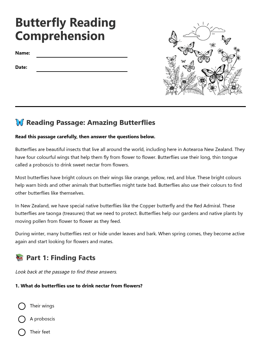 Butterfly Reading Comprehension worksheet preview