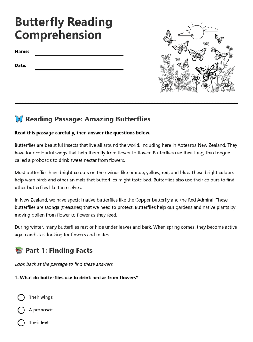 Butterfly Reading Comprehension
