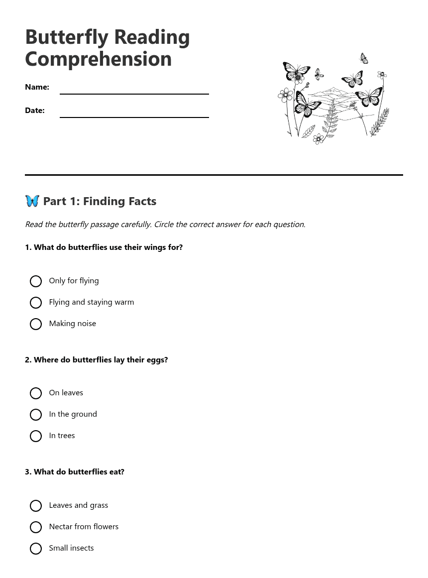 Butterfly Reading Comprehension worksheet preview
