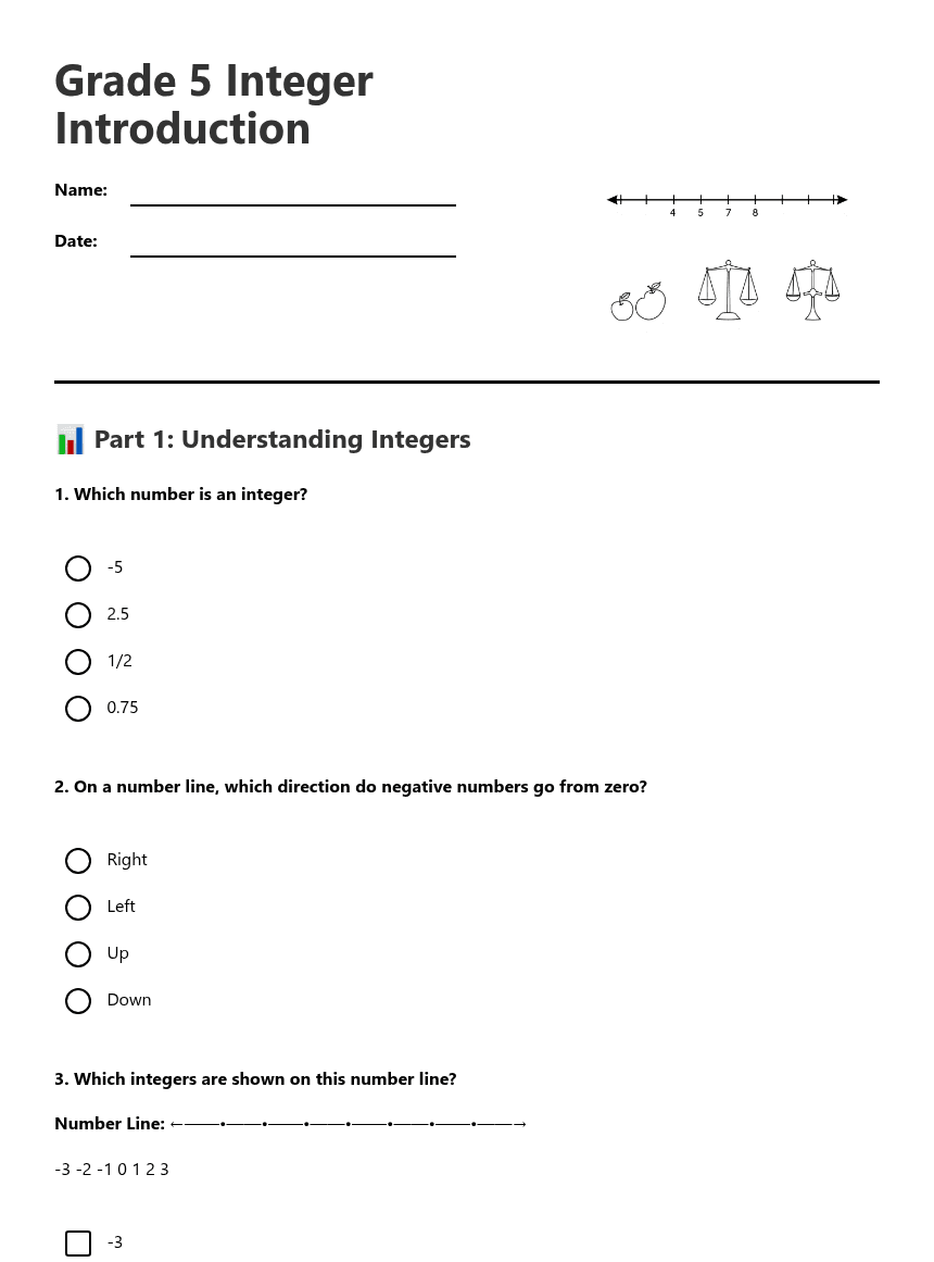Grade 5 Integer Introduction worksheet preview