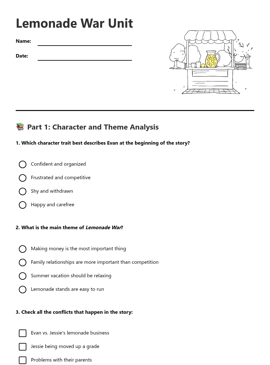 Lemonade War Unit worksheet preview
