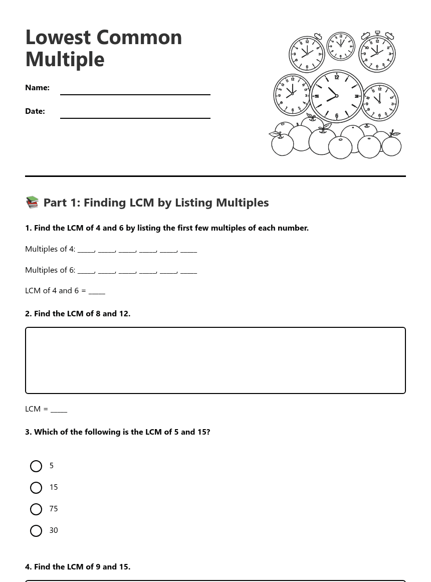 Lowest Common Multiple worksheet preview