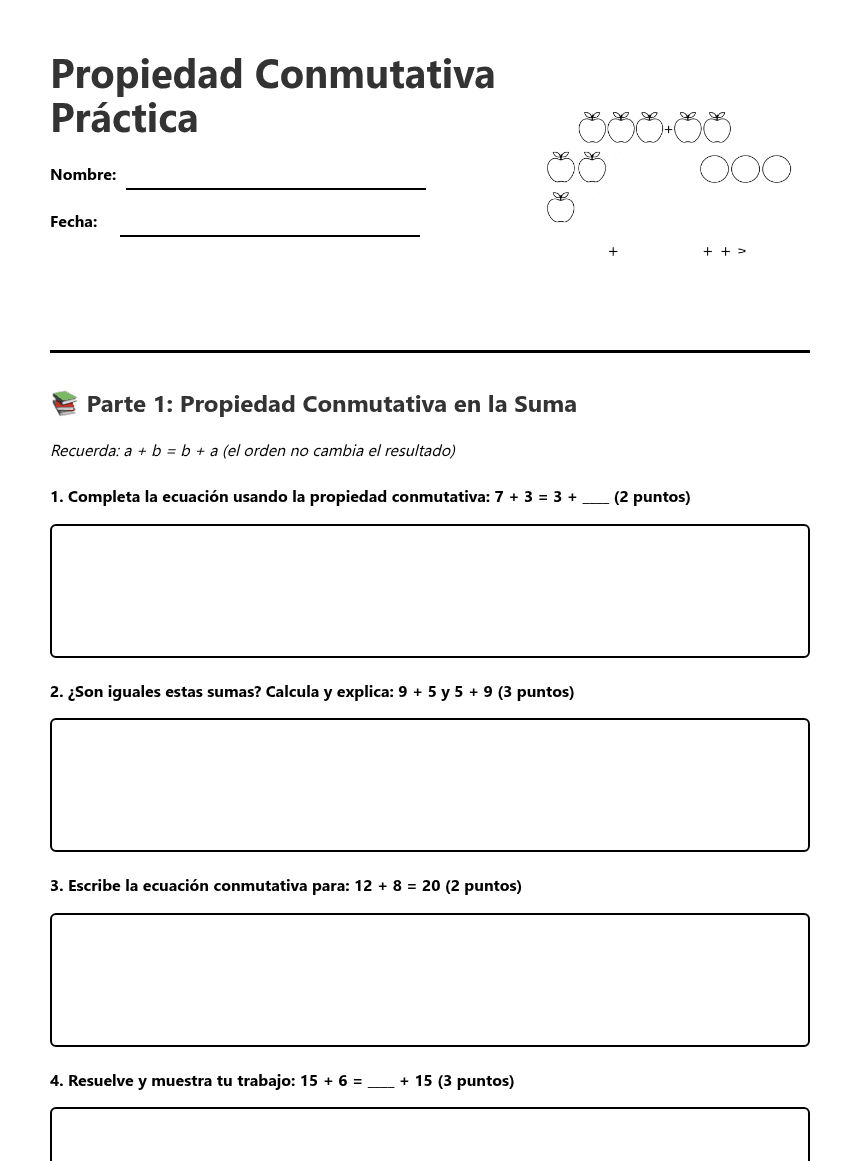 Propiedad Conmutativa Práctica worksheet preview