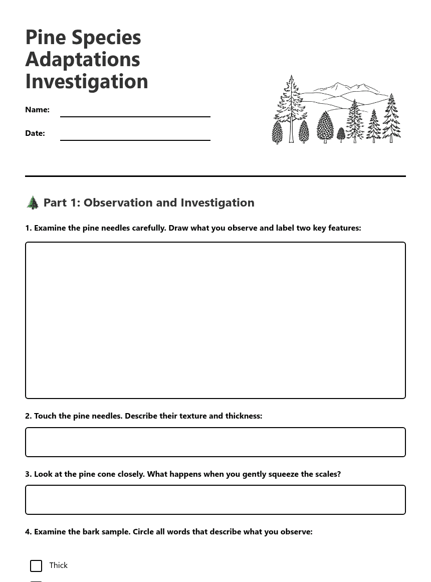 Pine Species Adaptations Investigation worksheet preview