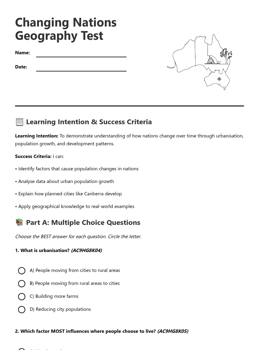 Changing Nations Geography Test worksheet preview