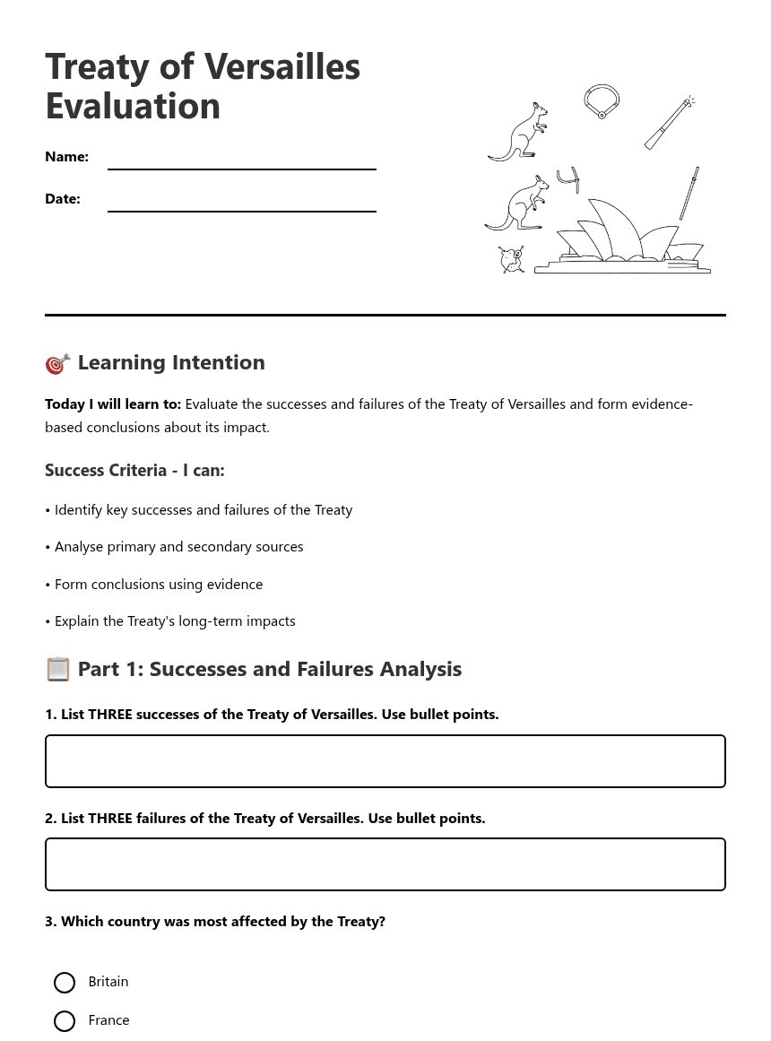 Treaty of Versailles Evaluation worksheet preview