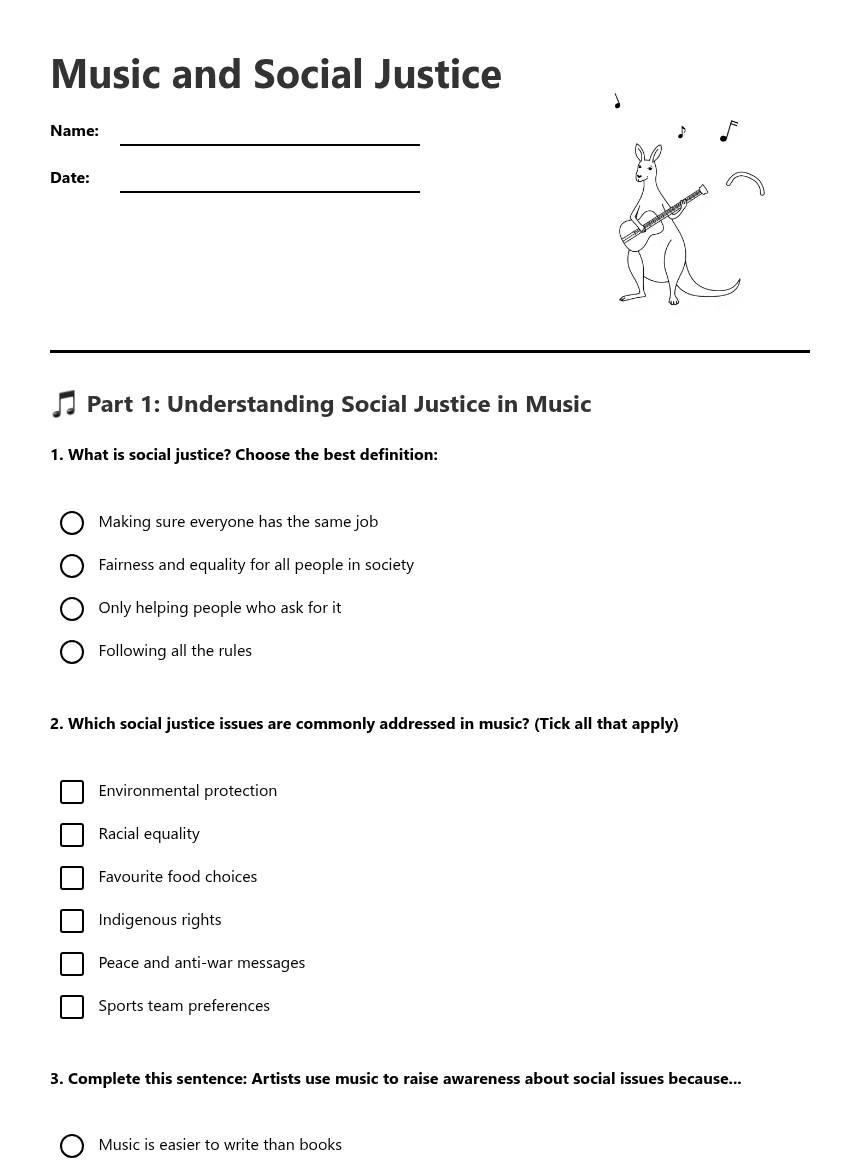 Music and Social Justice worksheet preview