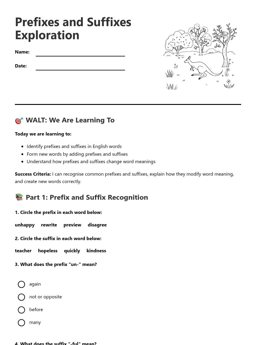 Prefixes and Suffixes Exploration worksheet preview