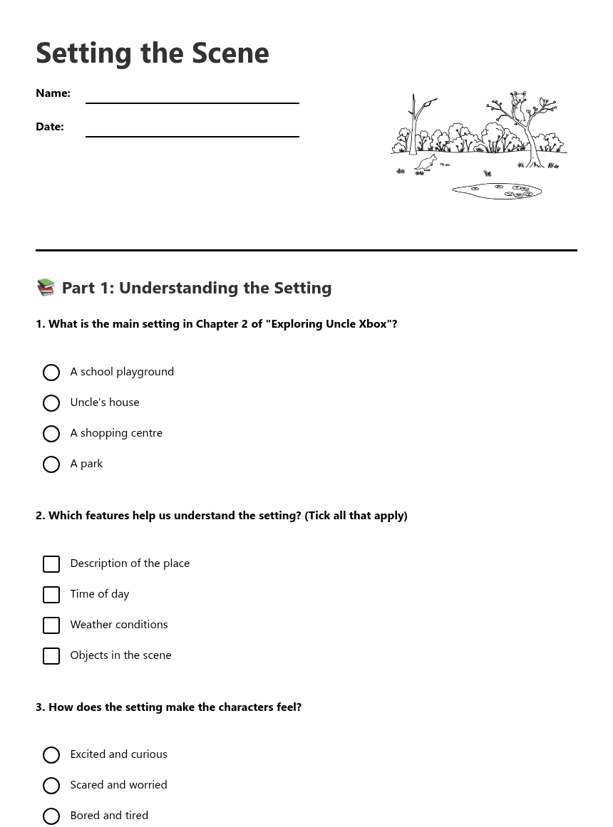 Setting the Scene worksheet preview