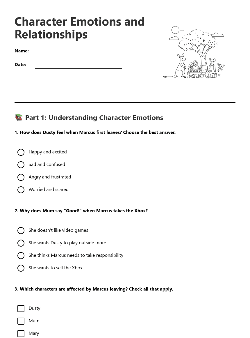 Character Emotions and Relationships worksheet preview