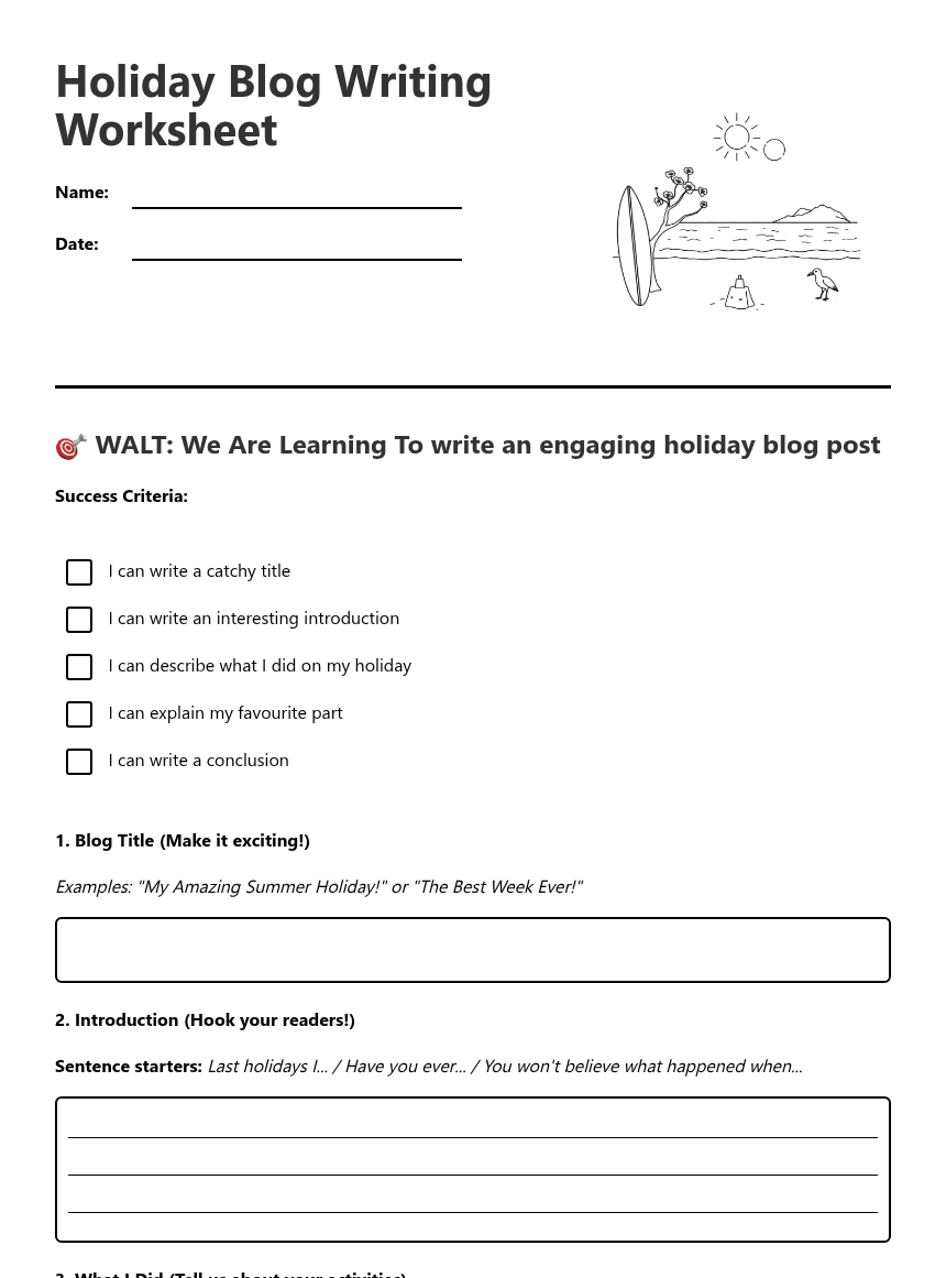 Holiday Blog Writing Worksheet worksheet preview