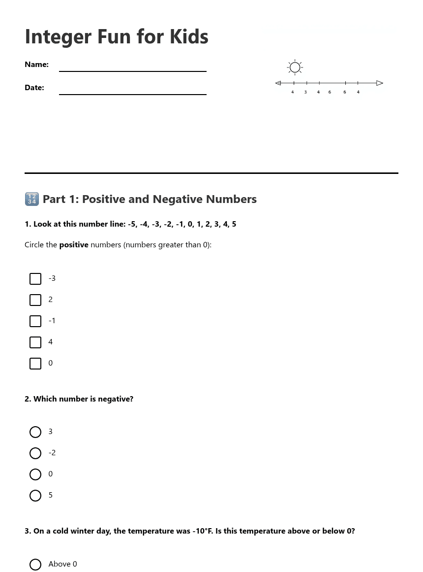 Integer Fun for Kids worksheet preview