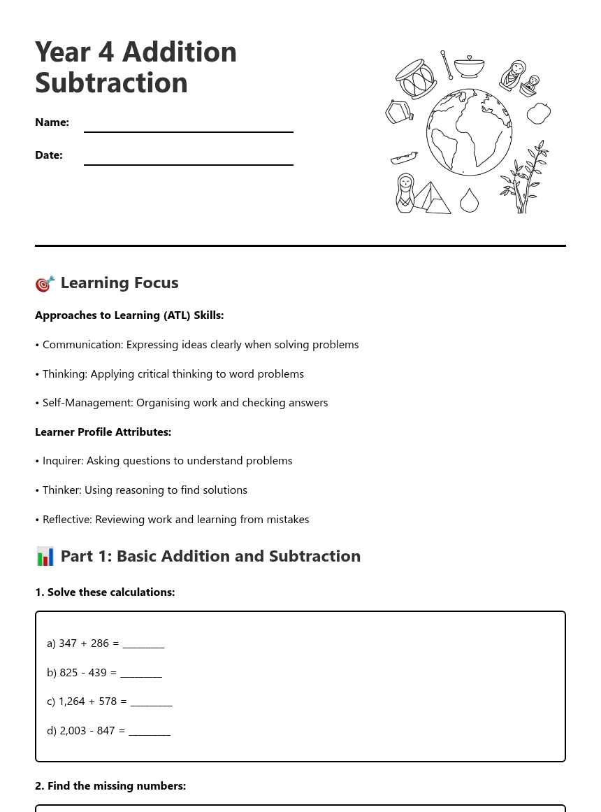 Year 4 Addition Subtraction worksheet preview