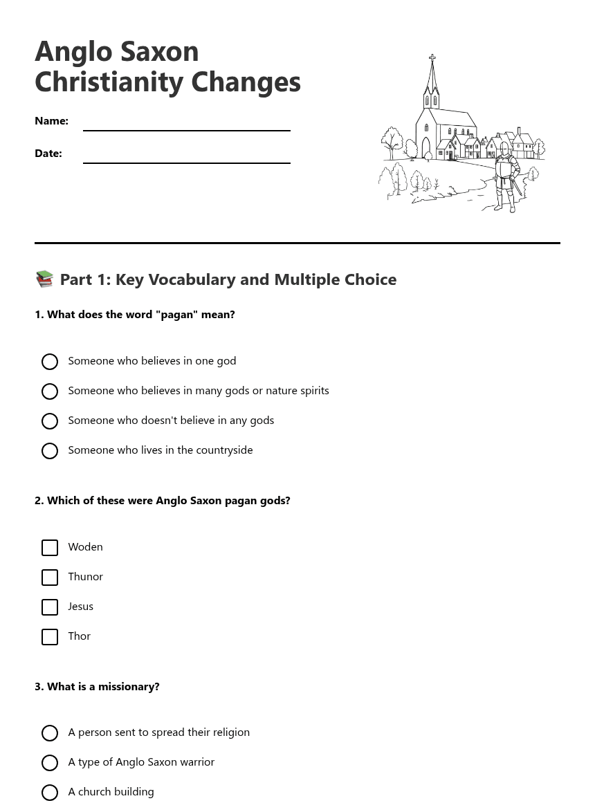 Anglo Saxon Christianity Changes worksheet preview