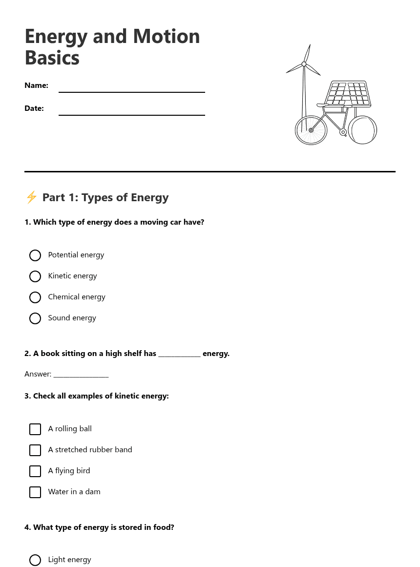 Energy and Motion Basics worksheet preview