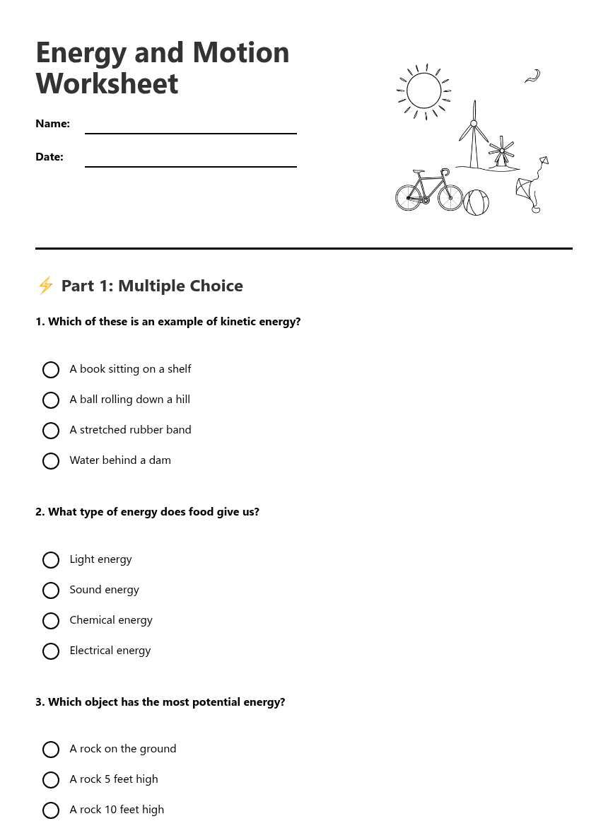Energy and Motion Worksheet worksheet preview