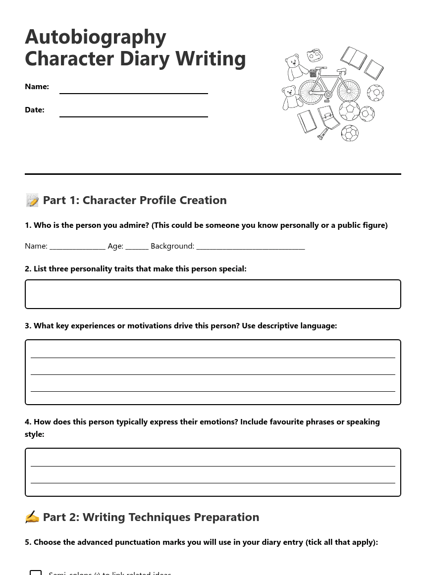 Autobiography Character Diary Writing worksheet preview