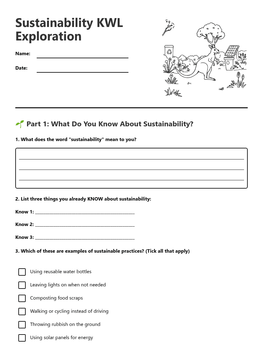 Sustainability KWL Exploration worksheet preview