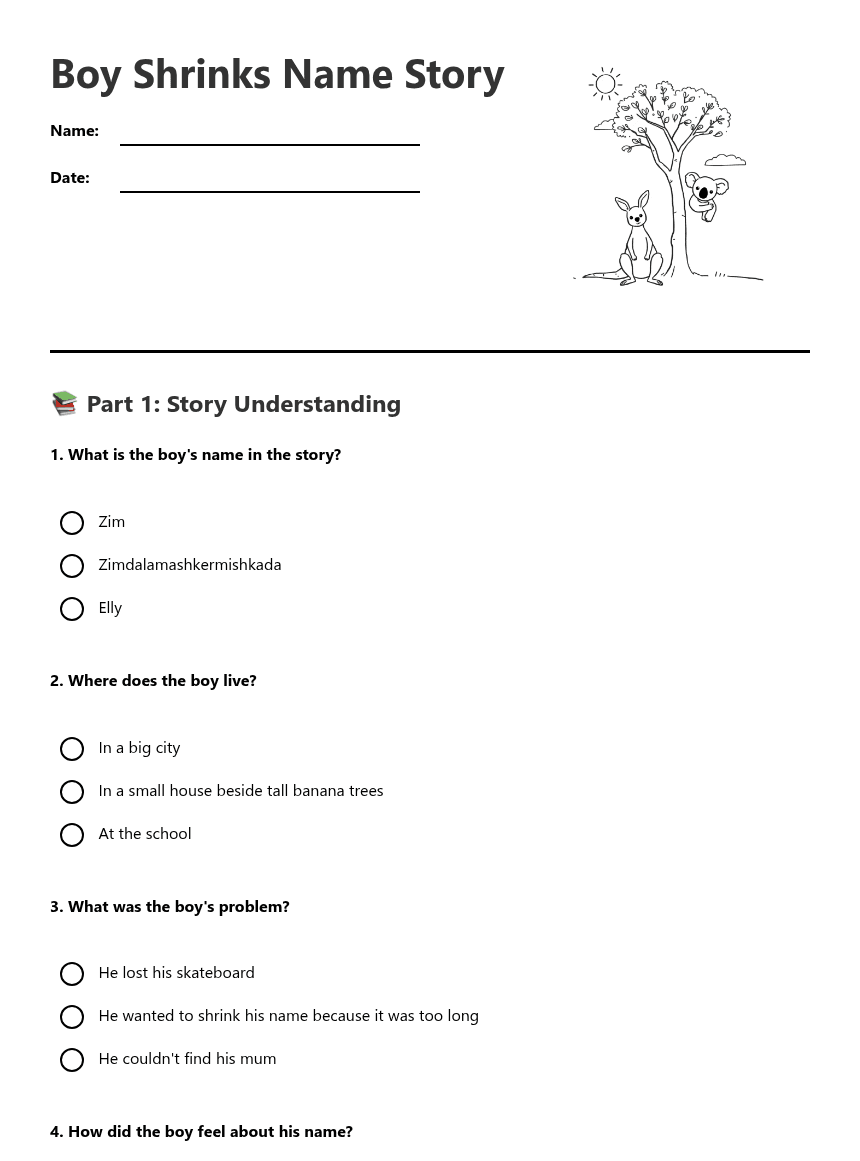 Boy Shrinks Name Story worksheet preview