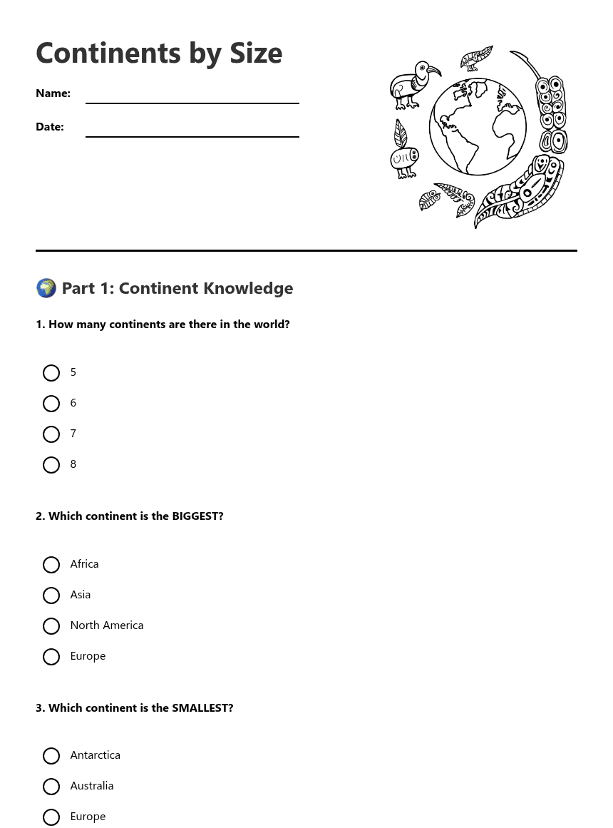 Continents by Size worksheet preview