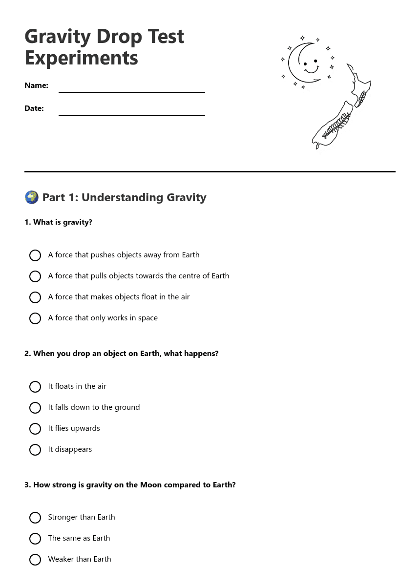 Gravity Drop Test Experiments worksheet preview