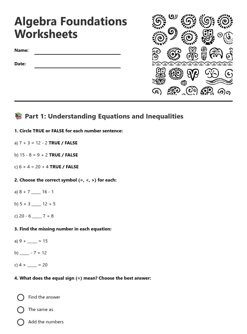 Algebra Foundations Worksheets worksheet preview