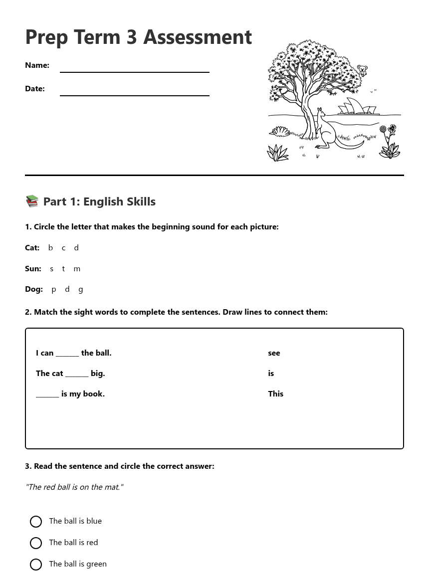 Prep Term 3 Assessment worksheet preview