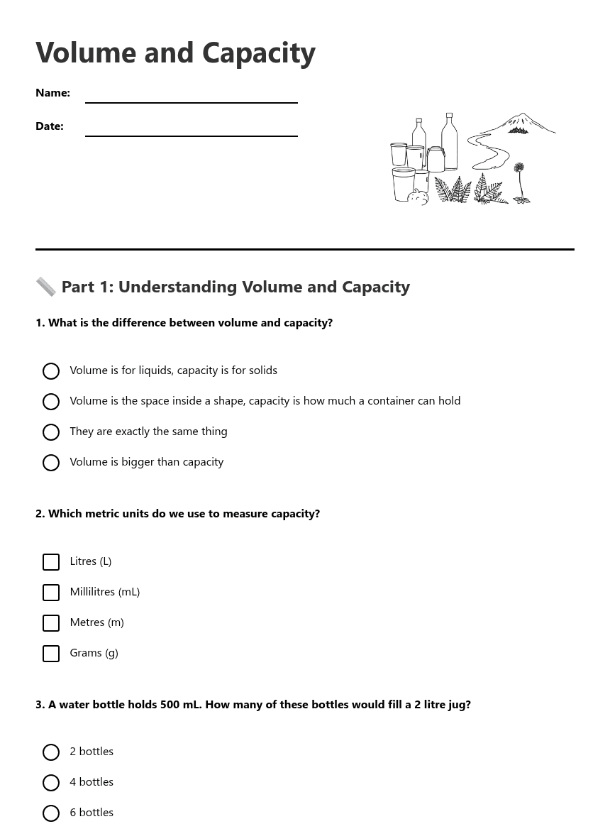 Volume and Capacity worksheet preview