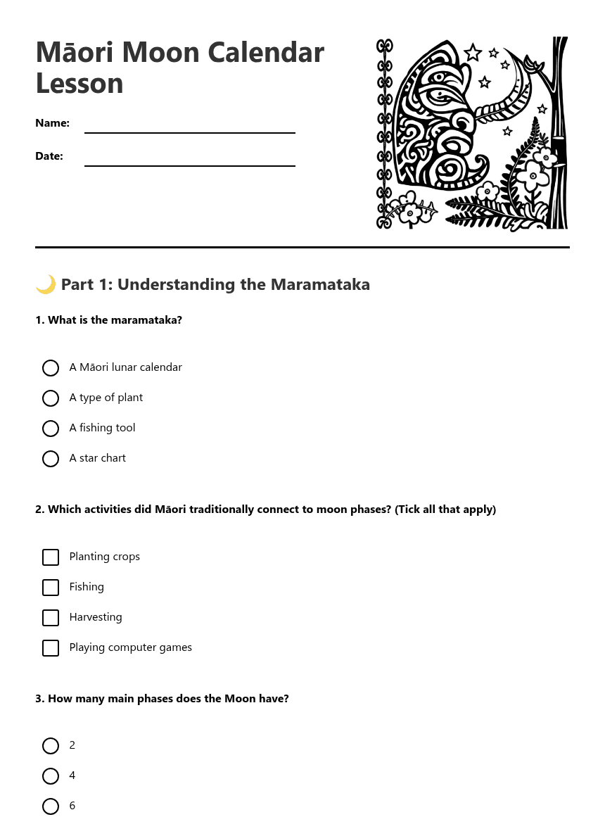 Māori Moon Calendar Lesson worksheet preview