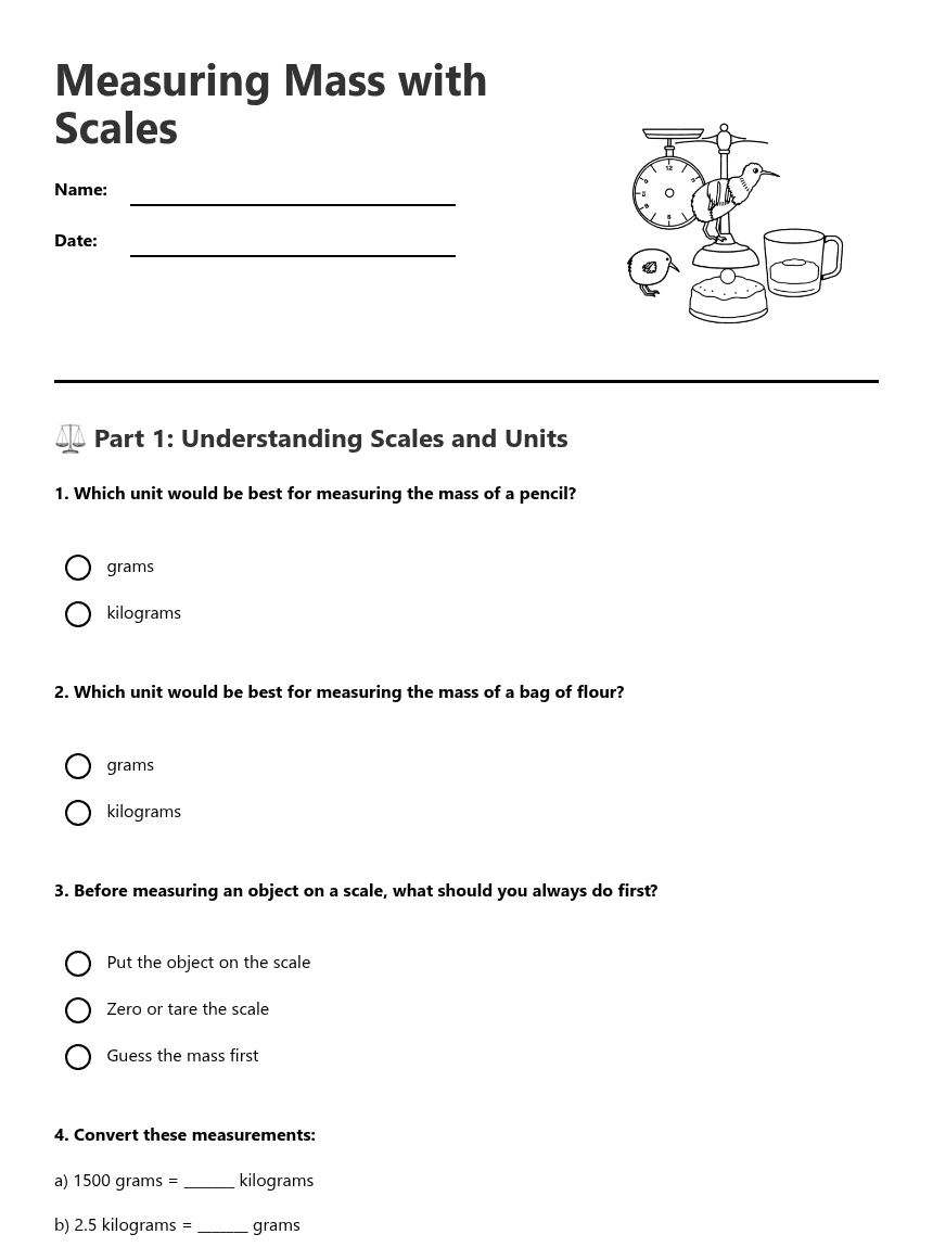 Measuring Mass with Scales worksheet preview