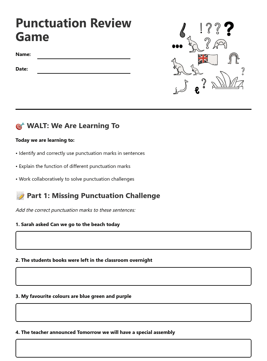 Punctuation Review Game worksheet preview