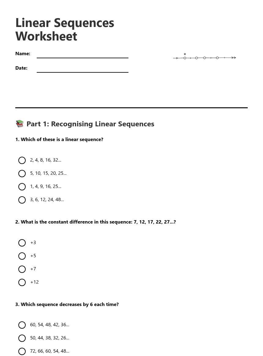 Linear Sequences Worksheet worksheet preview