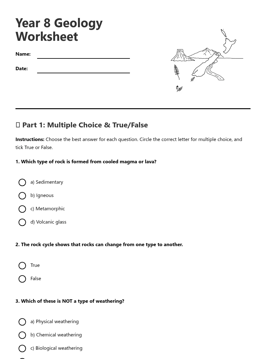 Year 8 Geology Worksheet worksheet preview