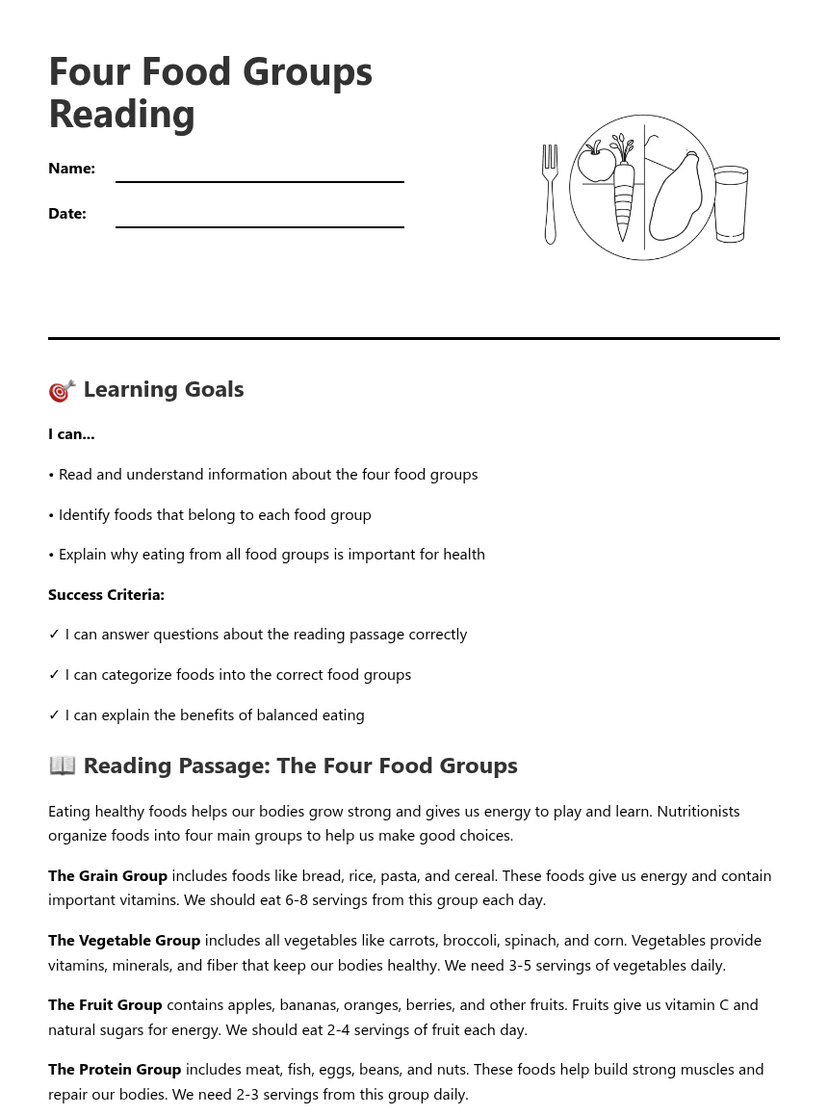 Four Food Groups Reading