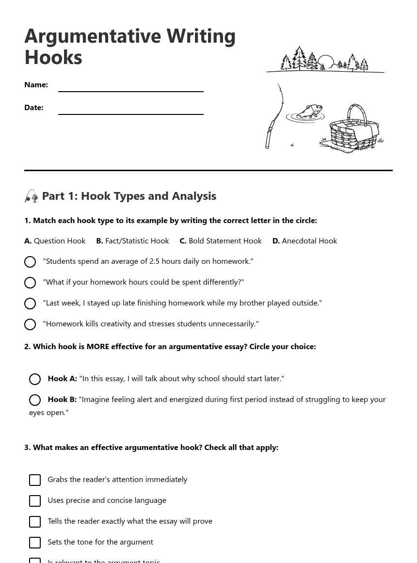 Argumentative Writing Hooks worksheet preview