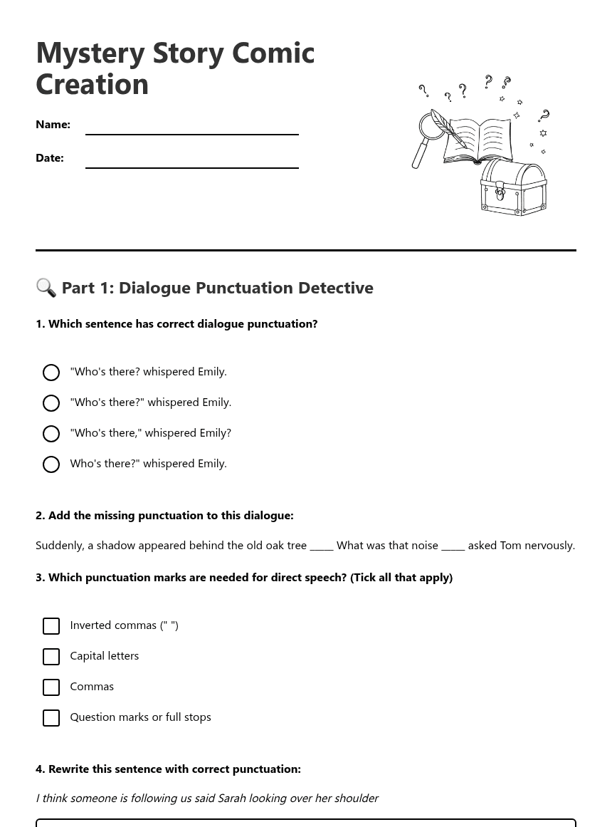 Mystery Story Comic Creation worksheet preview