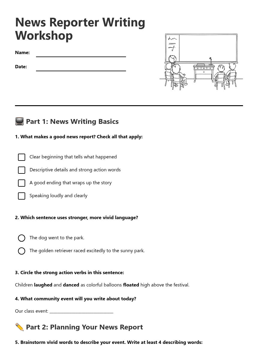 News Reporter Writing Workshop worksheet preview