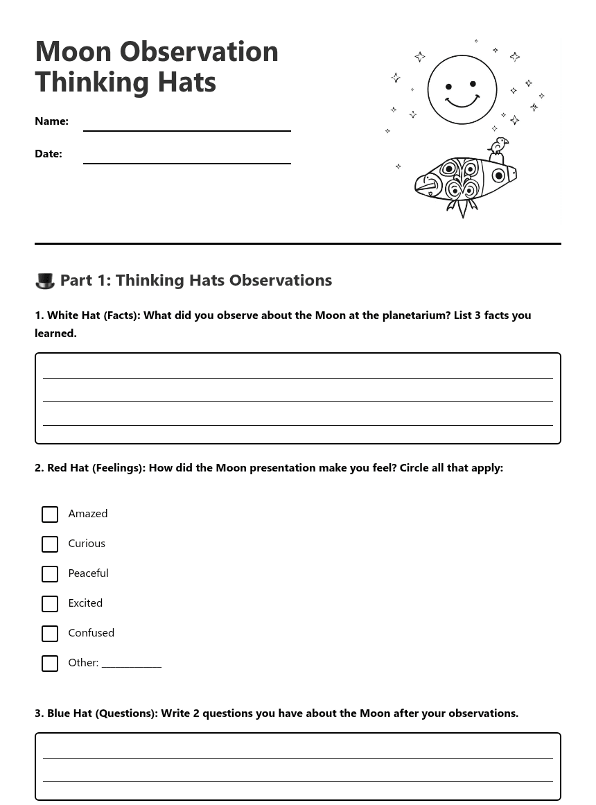 Moon Observation Thinking Hats worksheet preview