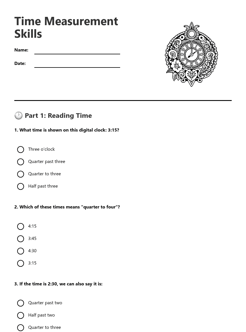 Time Measurement Skills worksheet preview