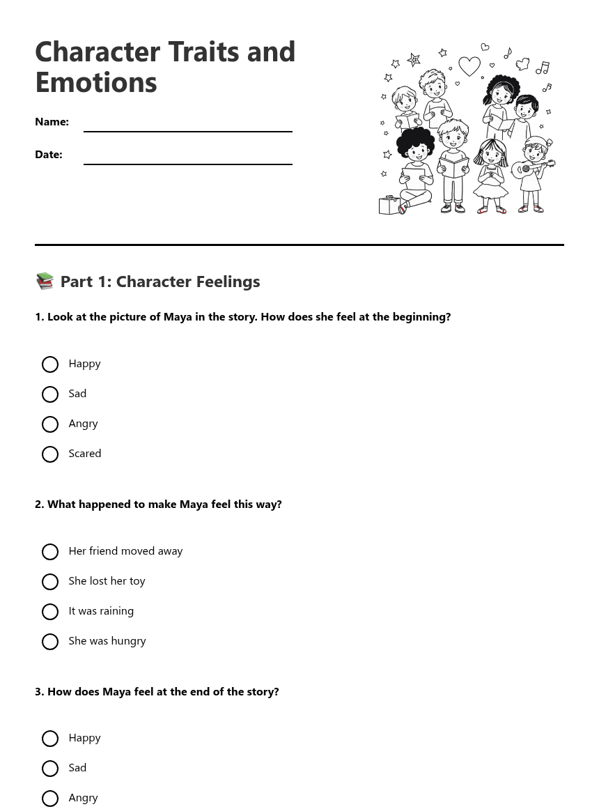 Character Traits and Emotions worksheet preview