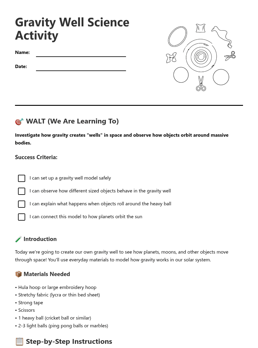 Gravity Well Science Activity worksheet preview