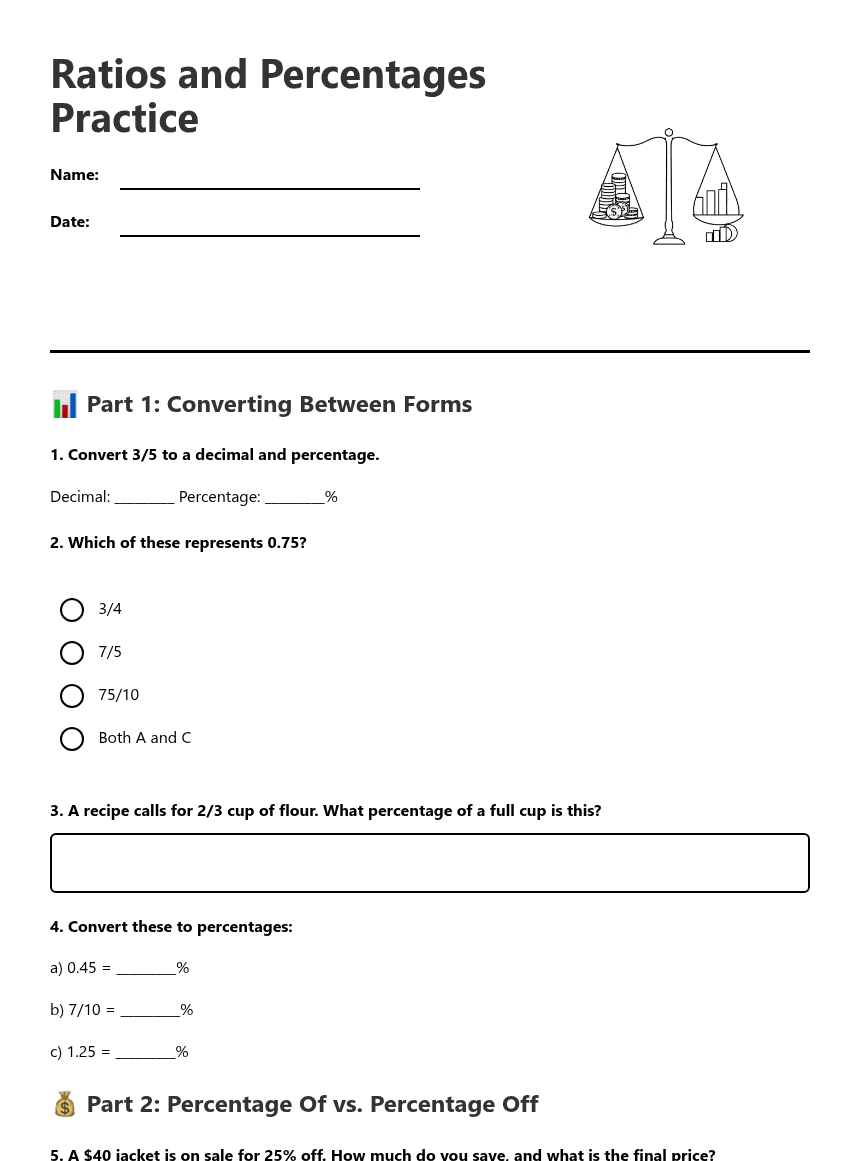 Ratios and Percentages Practice worksheet preview