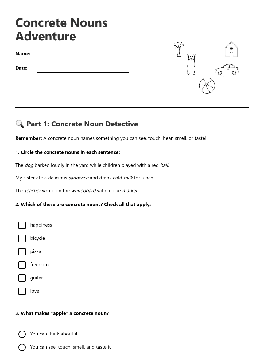 Concrete Nouns Adventure worksheet preview
