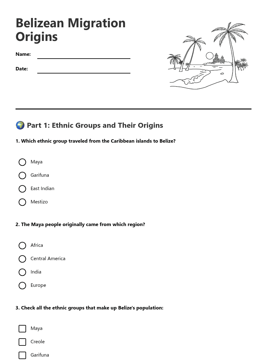 Belizean Migration Origins worksheet preview
