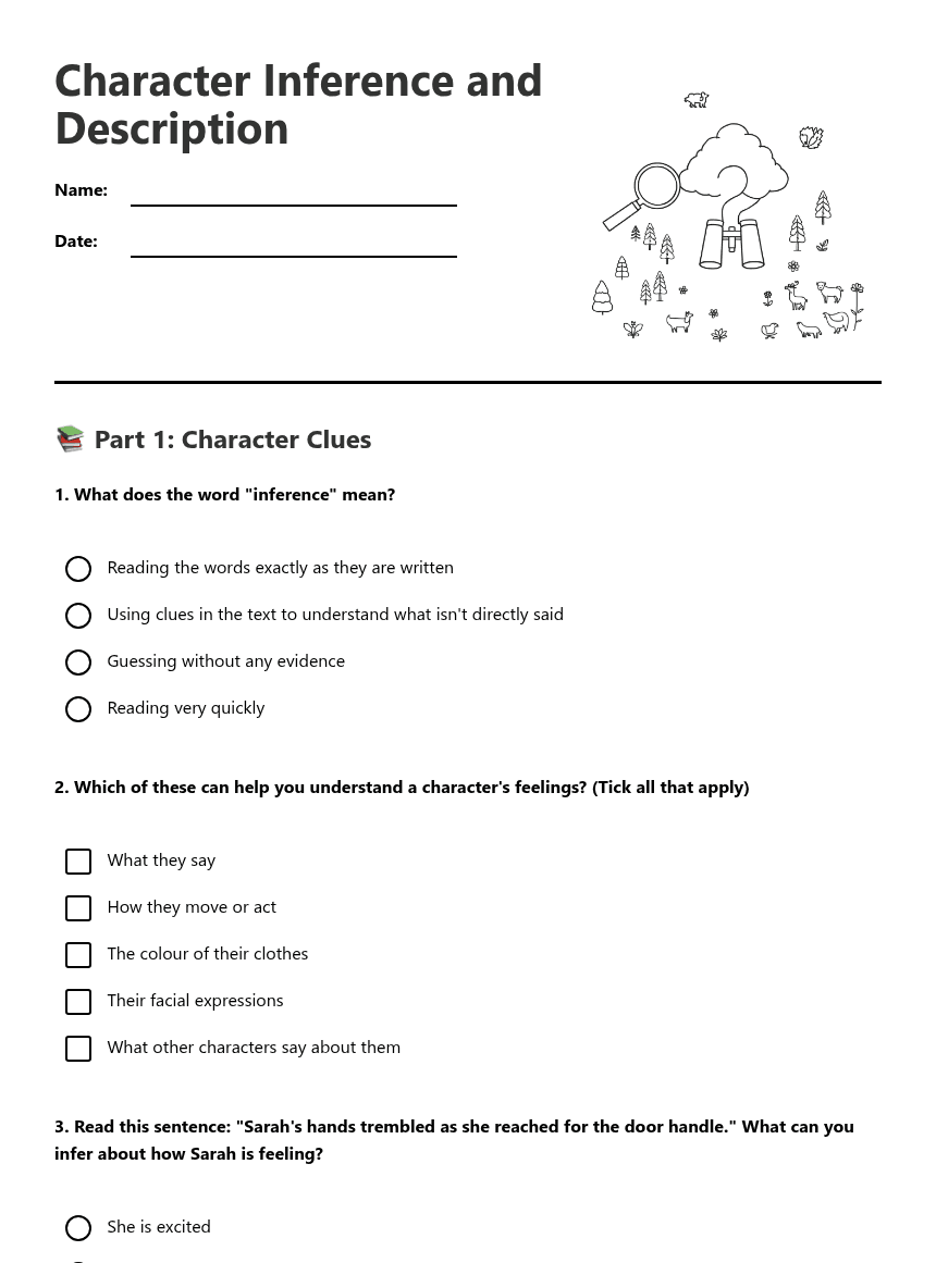 Character Inference and Description worksheet preview
