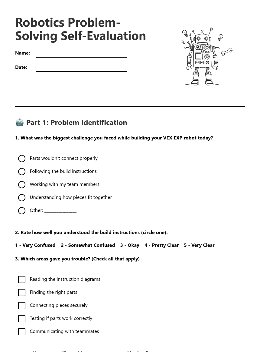 Robotics Problem-Solving Self-Evaluation worksheet preview