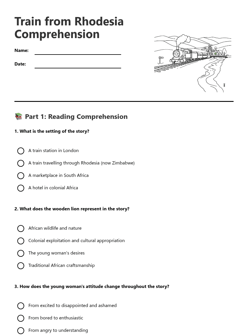 Train from Rhodesia Comprehension worksheet preview