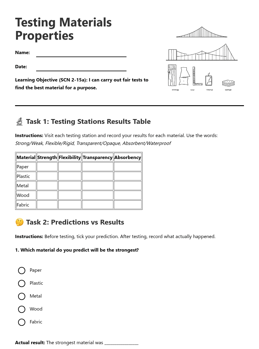 Testing Materials Properties worksheet preview