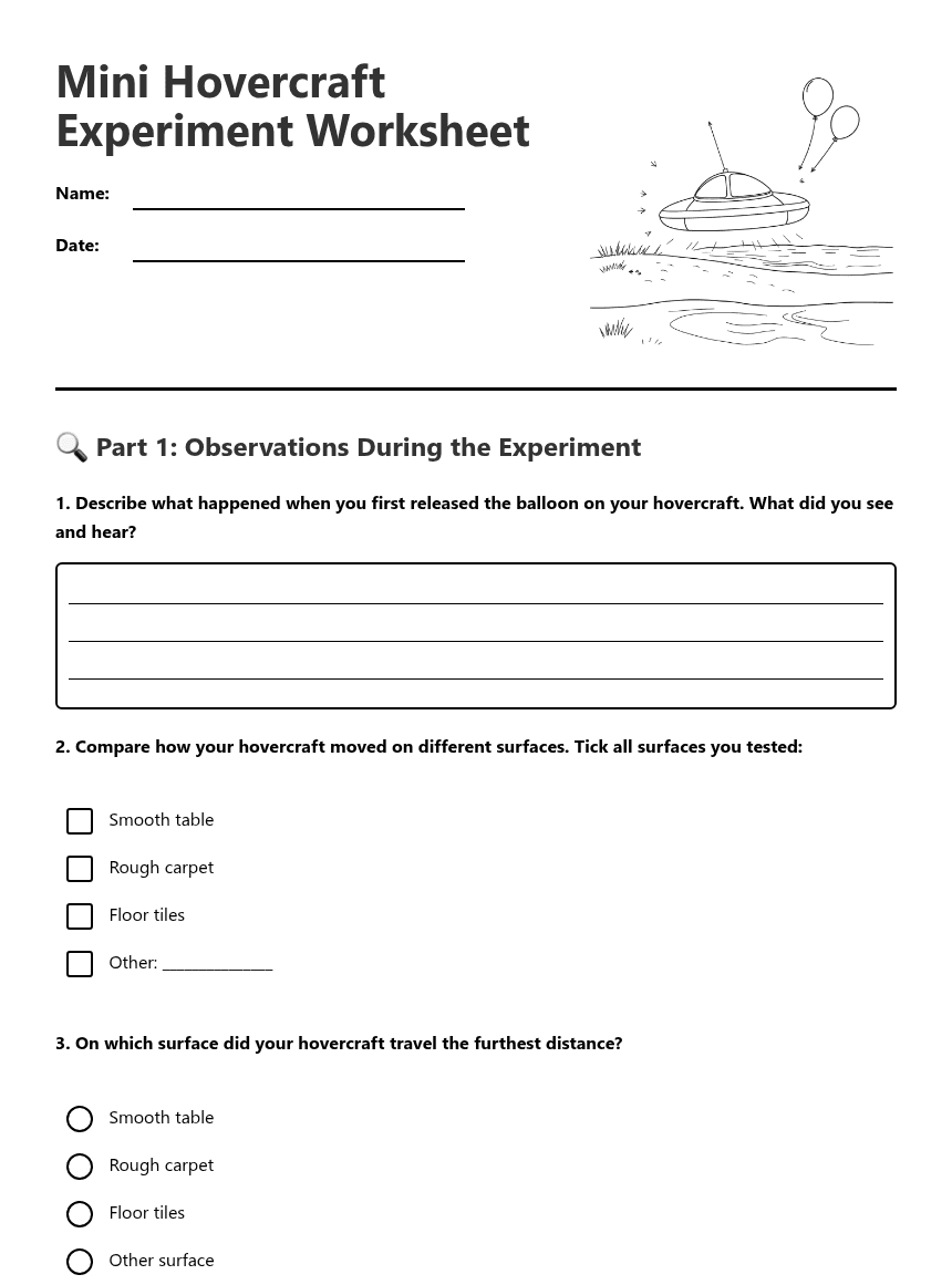 Mini Hovercraft Experiment Worksheet worksheet preview