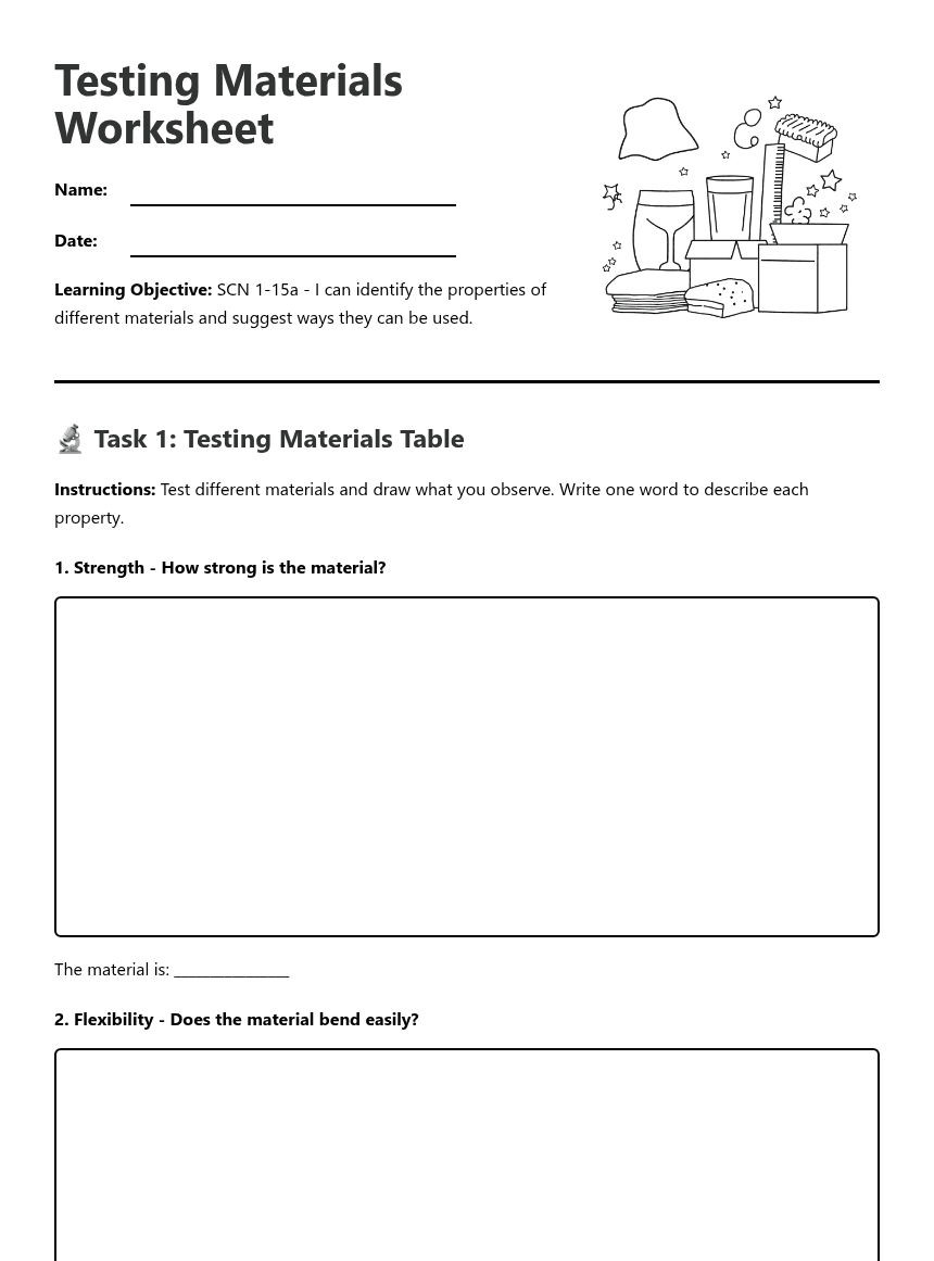 Testing Materials Worksheet worksheet preview